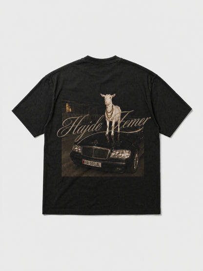 Hajde Zemer black tee laid flat, back view, printed graphic of a goat driving a Mercedes