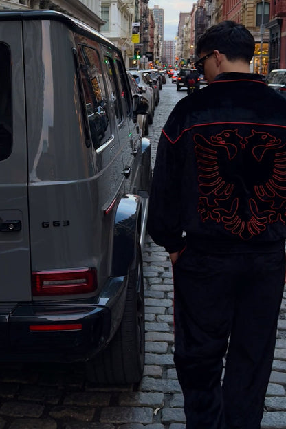 Albanian Velour Tracksuit — Albanian Velour Jacket - Red Stitch — on model | Hajde Zemer