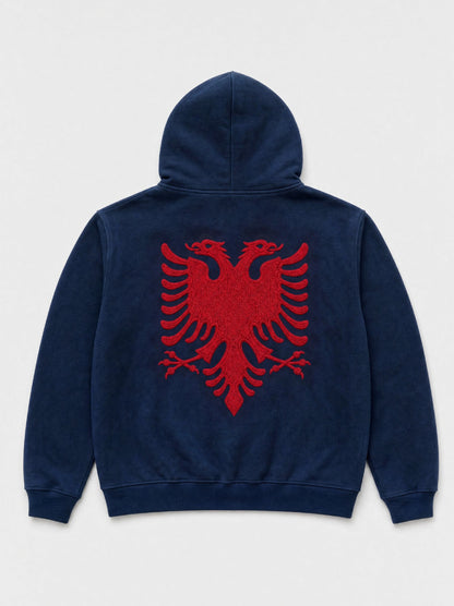 Hajde Zemer HZ Essential Eagle Hoodie in blue, back flat lay studio photograph of the produced garment, red double-headed Albanian eagle across the shoulders