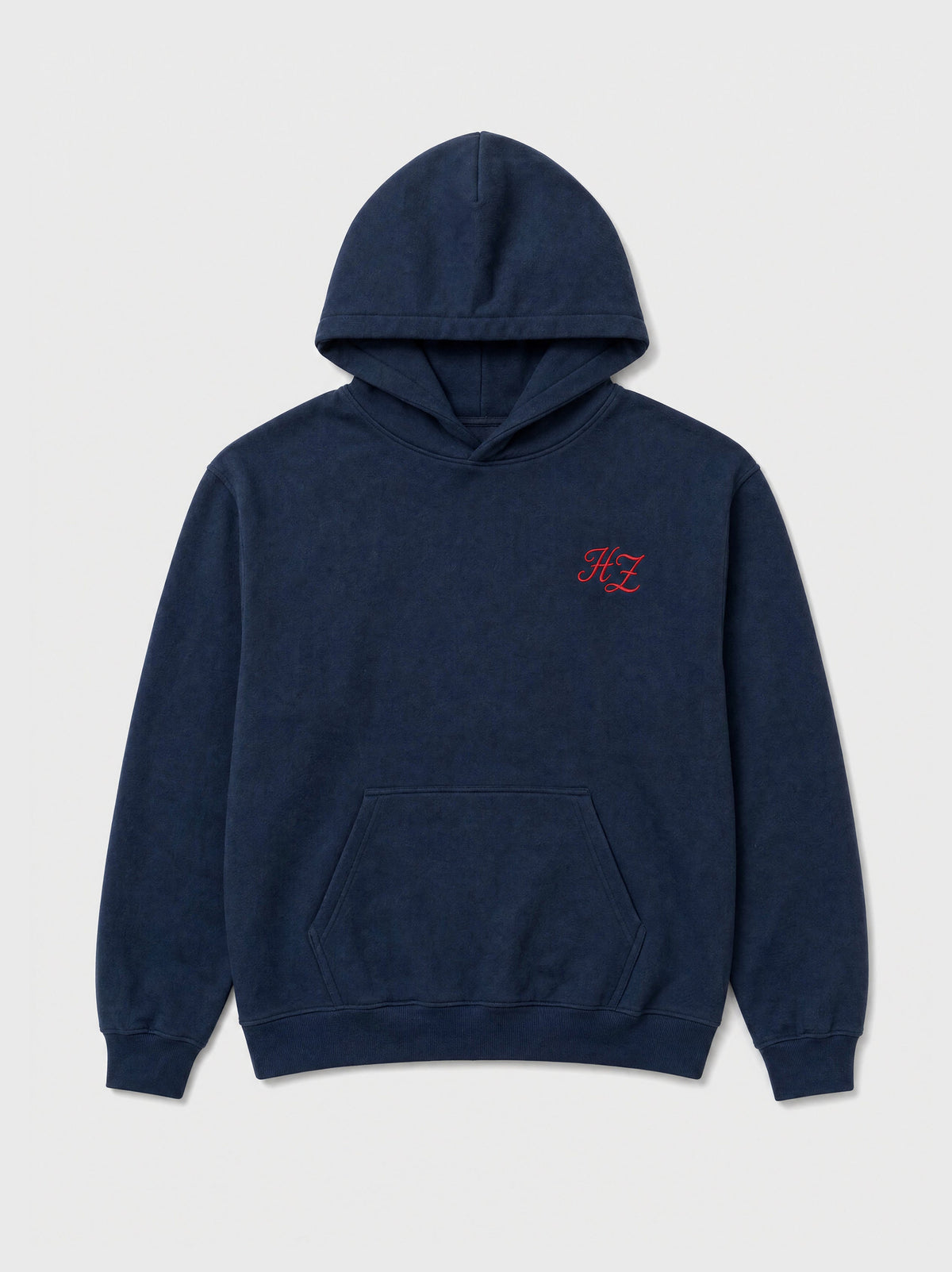 Design preview: Hajde Zemer HZ Essential Eagle Hoodie in blue navy, front flat lay with the small red HZ mark at the chest