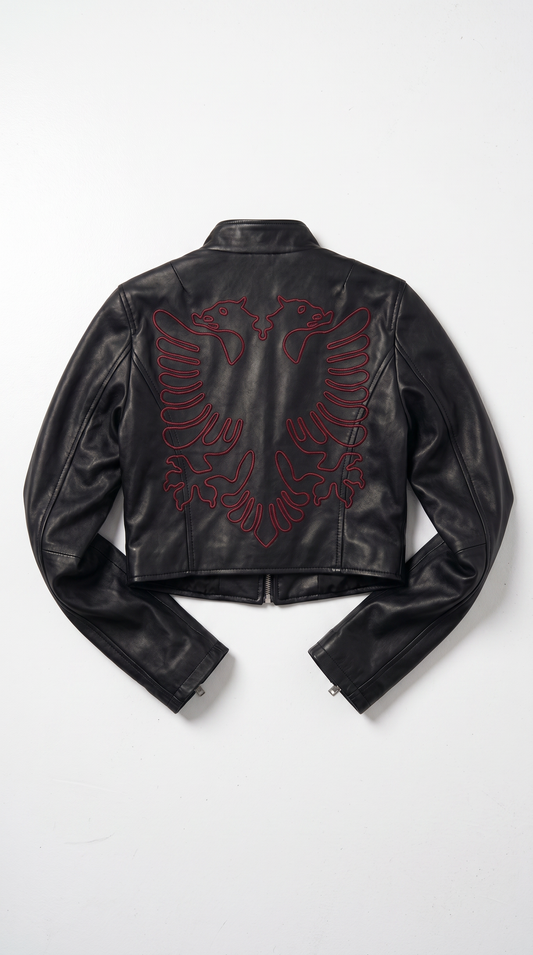 Albanian Eagle Cropped Racer Jacket — Women's — close-up | Hajde Zemer