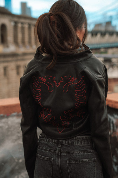 Albanian Eagle Cropped Racer Jacket — Women's — back view showing the red eagle stitching | Hajde Zemer