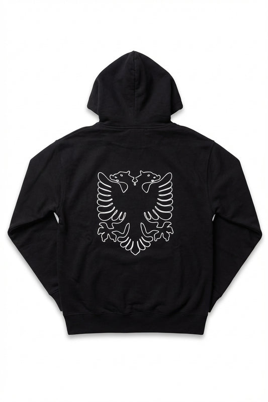 Hajde Zemer Hoodie — back view flat lay with Albanian eagle design