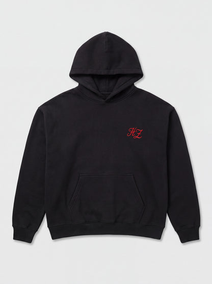 Hajde Zemer Essential Eagle hoodie in black, laid flat, front view, with a small red HZ mark on the chest