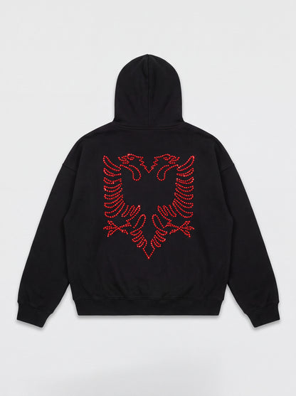 Back of the black Hajde Zemer Essential Eagle hoodie laid flat, showing the red outline Albanian eagle across the shoulders