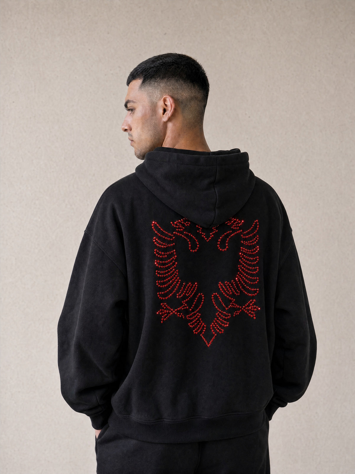 Man wearing the black Hajde Zemer Essential Eagle hoodie, back view, red outline Albanian eagle across the back