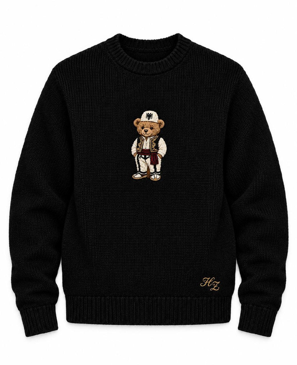 Albanian Ted Dua Bear Sweater in black, flat lay front view of the knit with, on the Albanian Ted Dua Bear Sweater - Kids page