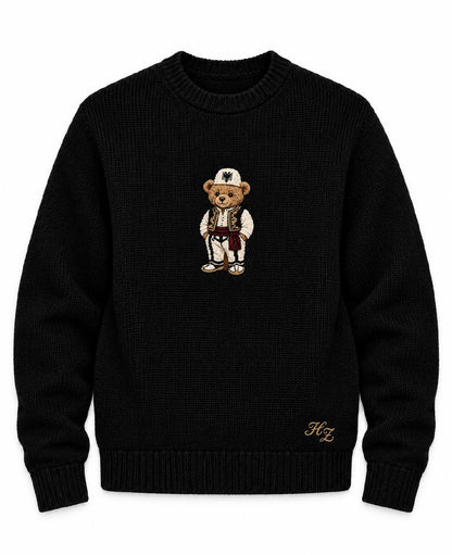 Albanian Ted Dua Bear Sweater in black, flat lay front view of the knit with, on the Albanian Ted Dua Bear Sweater - Kids page