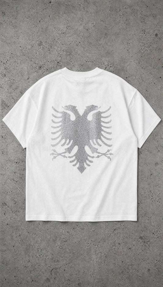 White Rhinestone Tee flat lay, silver rhinestone double-headed eagle across the back