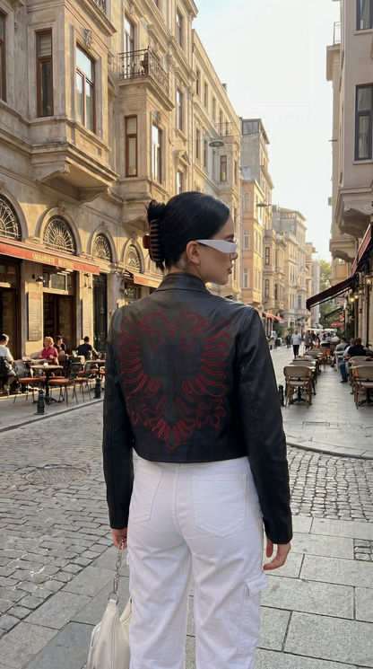 Albanian Eagle Cropped Racer Jacket — Women's — detail view | Hajde Zemer