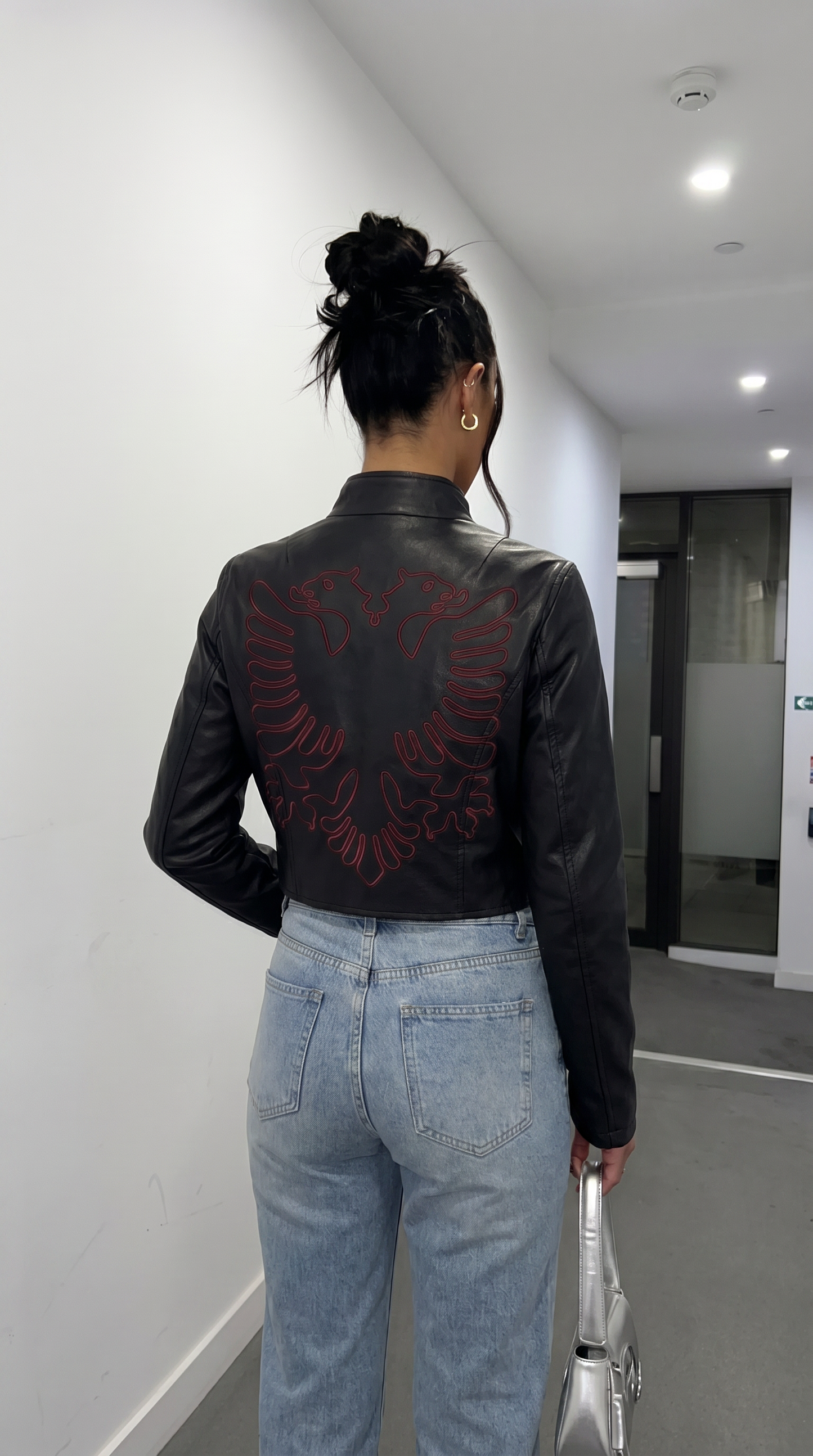 Albanian Eagle Cropped Racer Jacket — Women's — on model | Hajde Zemer
