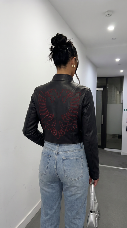 Albanian Eagle Cropped Racer Jacket — Women's — on model | Hajde Zemer