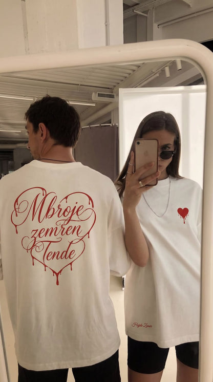 Albanian Graphic Tee — MZT Tee — Mbroje Zemren Tende — close-up | Hajde Zemer