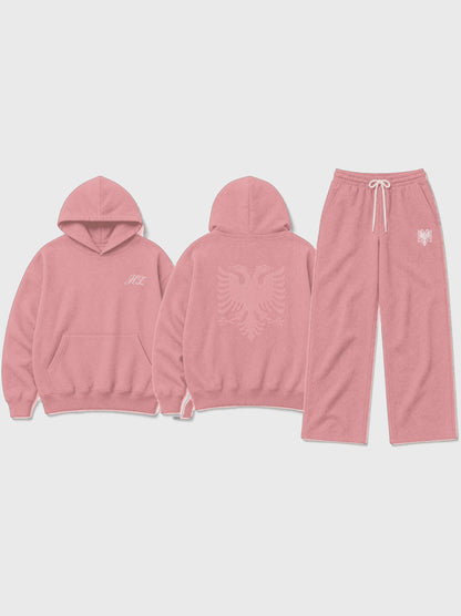 Design preview: Hajde Zemer HZ Essential Eagle Set in dusty rose pink, flat lay - hoodie front with the HZ script, hoodie back with the double-headed eagle, and the matching sweatpants with the cream eagle at the hip