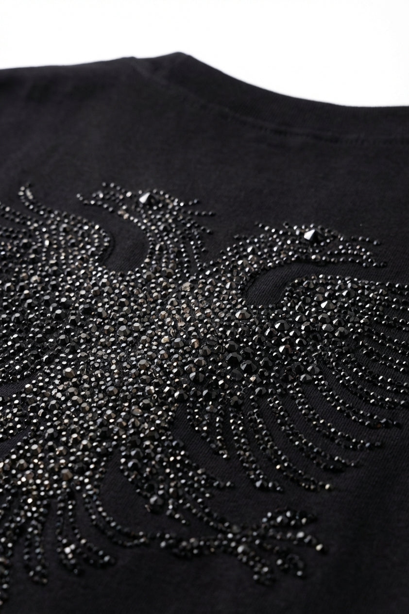 Zemer Script Tee — Rhinestone Detail Close-Up