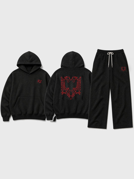 Design preview: HZ Essential Eagle Rhinestone Set in black - hoodie front with the red HZ script, hoodie back with the red rhinestone Albanian eagle, and matching sweatpants