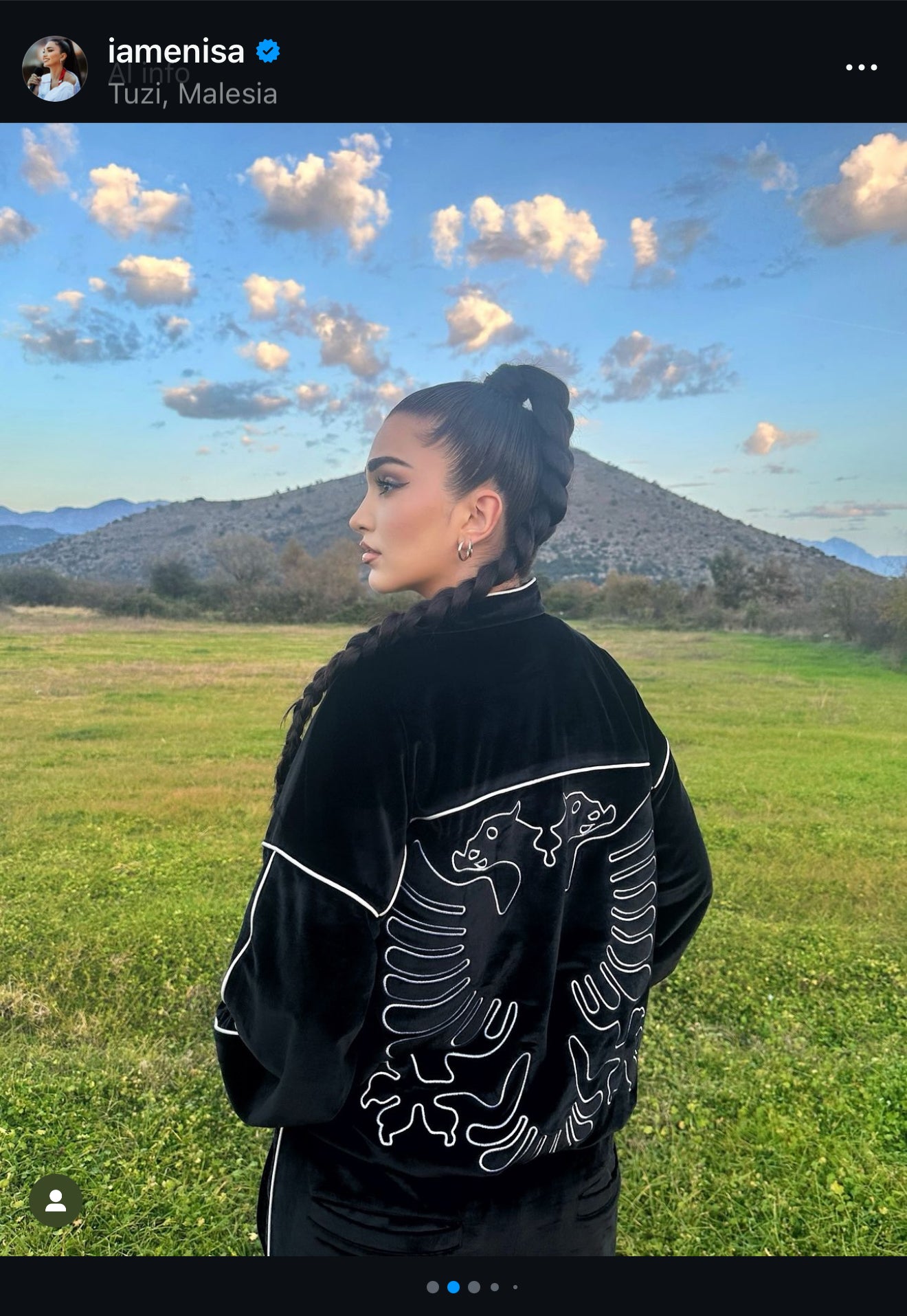 UGC - Enisa wearing Albanian Velour Jacket White Stitch in Tuzi Malesia mountains