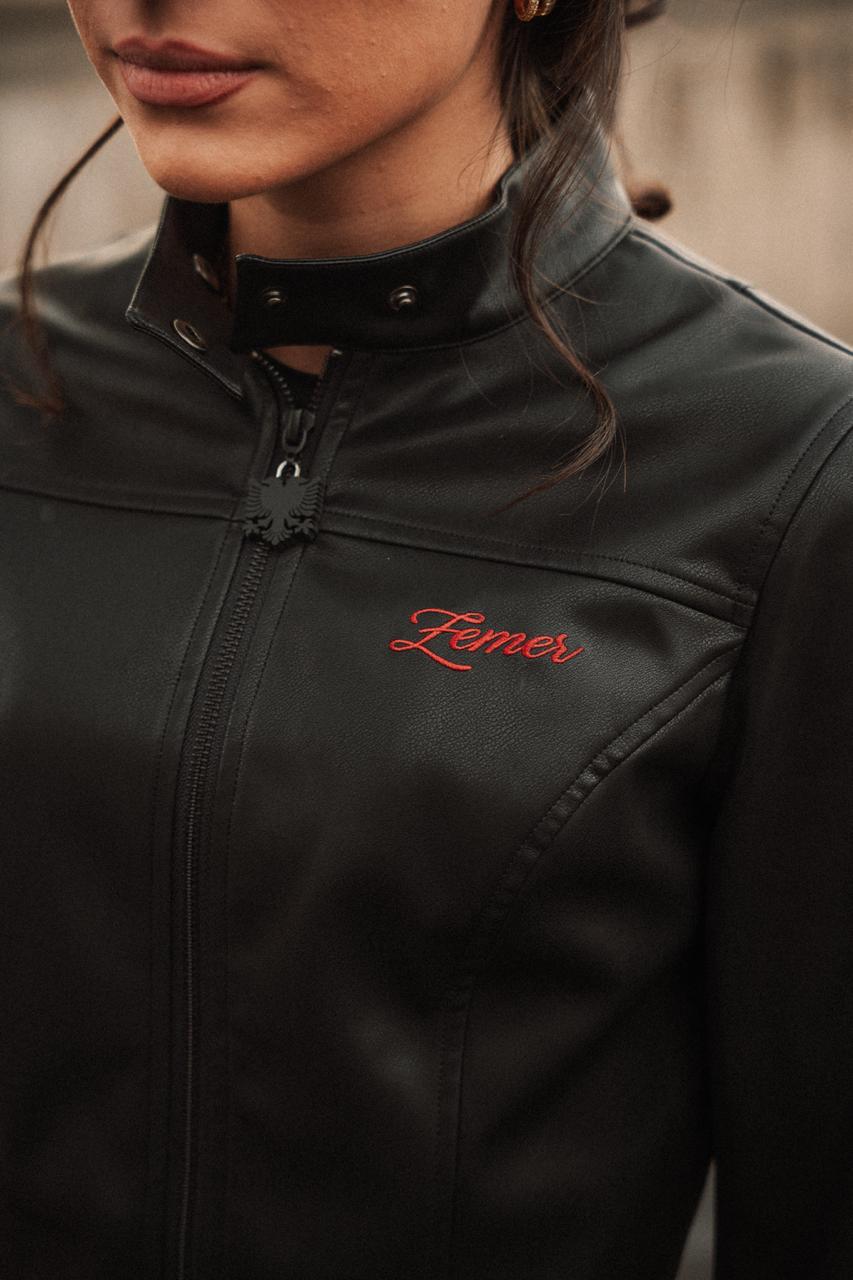 Customer wearing Albanian Eagle Cropped Faux Leather Racer Jacket Womens