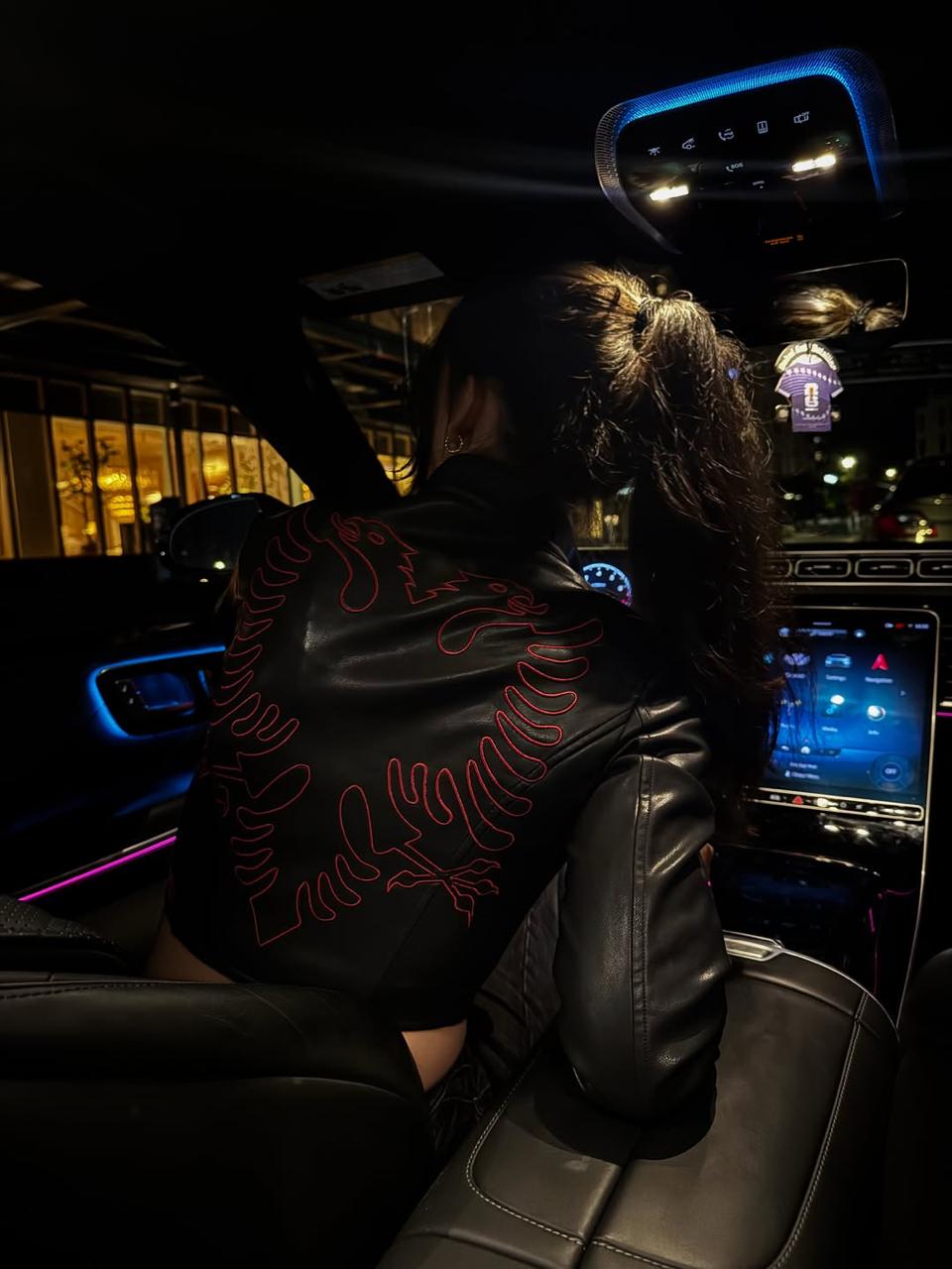 Customer wearing Albanian Eagle Cropped Faux Leather Racer Jacket Womens