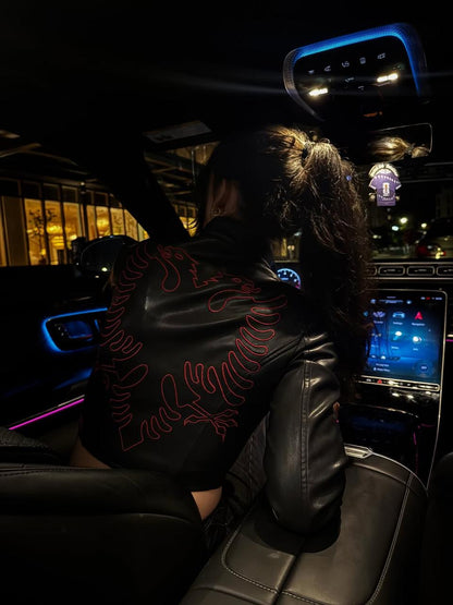 Customer wearing Albanian Eagle Cropped Faux Leather Racer Jacket Womens