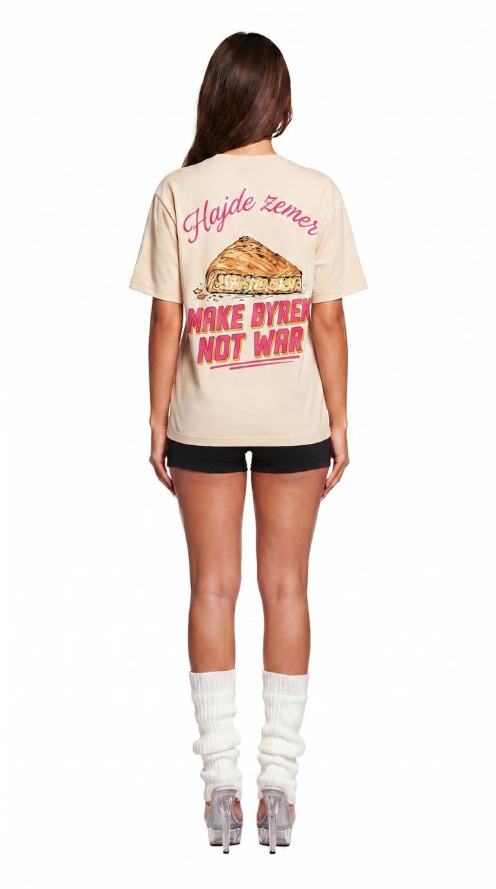 Albanian Graphic Tee — Make Byrek Not War Tee — lifestyle shot | Hajde Zemer