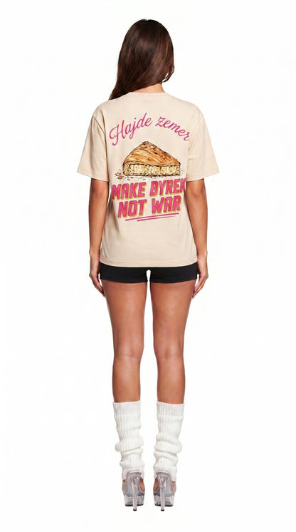 Albanian Graphic Tee — Make Byrek Not War Tee — lifestyle shot | Hajde Zemer