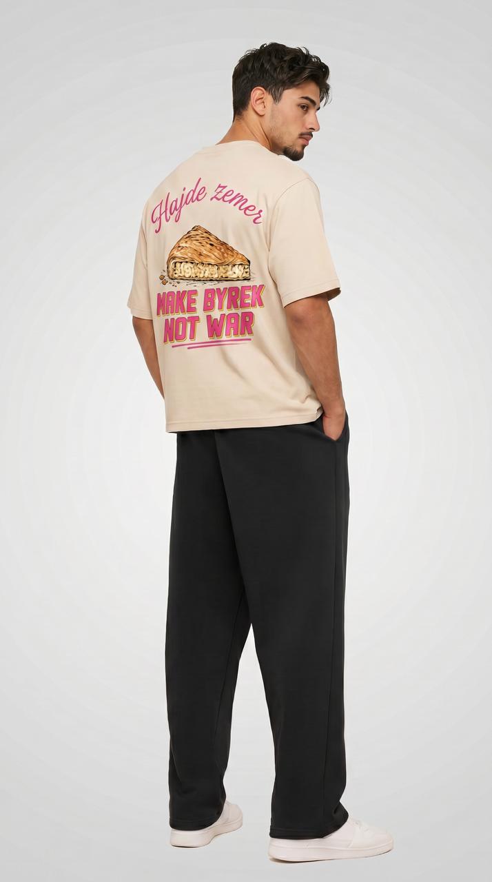 Albanian Graphic Tee — Make Byrek Not War Tee — close-up | Hajde Zemer