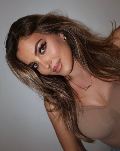 Customer wearing Zemer Script Necklace Gold