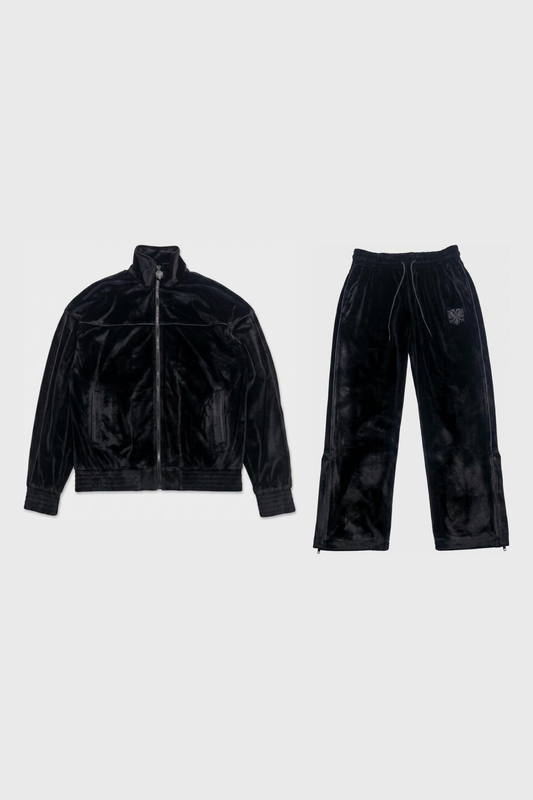 Albanian Velour Tracksuit — Albanian Velour Set - Black Stitch — jacket and pants flat lay | Hajde Zemer