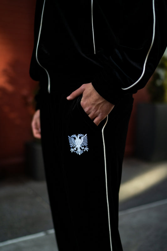 Albanian Velour Tracksuit — Albanian Velour Pants - White Stitch — on model | Hajde Zemer