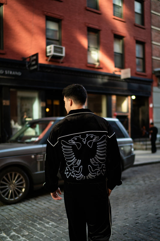 Albanian Velour Tracksuit — Albanian Velour Set — White Stitch (Jacket + Pants) — lifestyle shot | Hajde Zemer