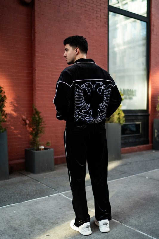 Albanian Velour Tracksuit — Albanian Velour Set — White Stitch (Jacket + Pants) — on model | Hajde Zemer