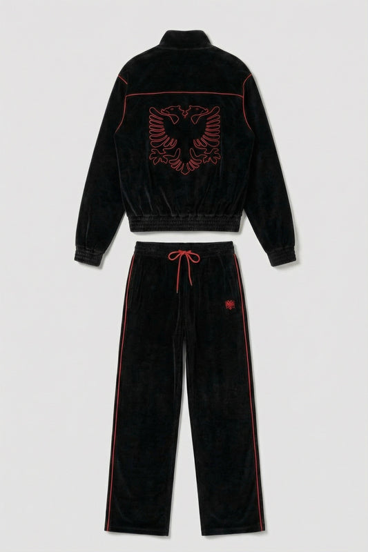 Hajde Zemer Albanian Velour Set Red Stitch - flat lay product photo with red stitch detailing