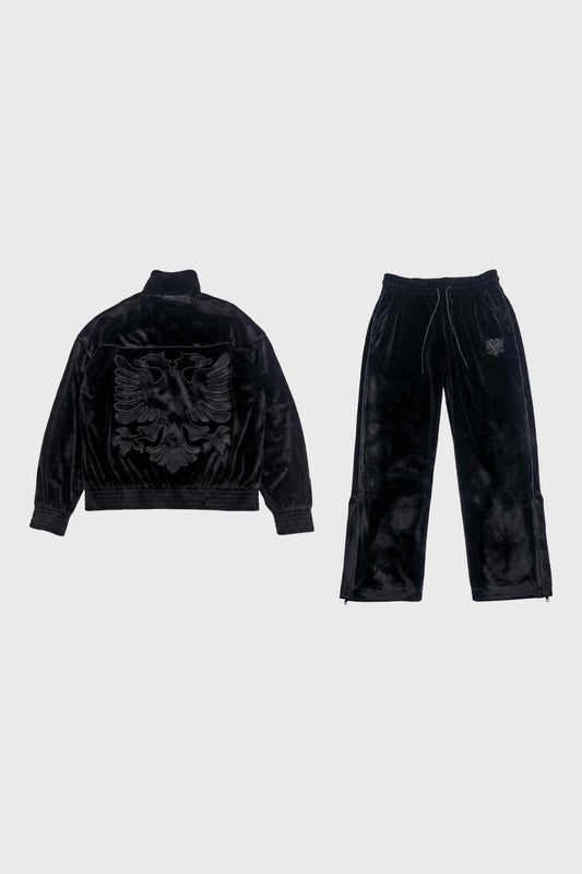 Albanian Velour Tracksuit — Albanian Velour Set - Black Stitch — jacket back with tonal double headed eagle appliqué and pants flat lay | Hajde Zemer