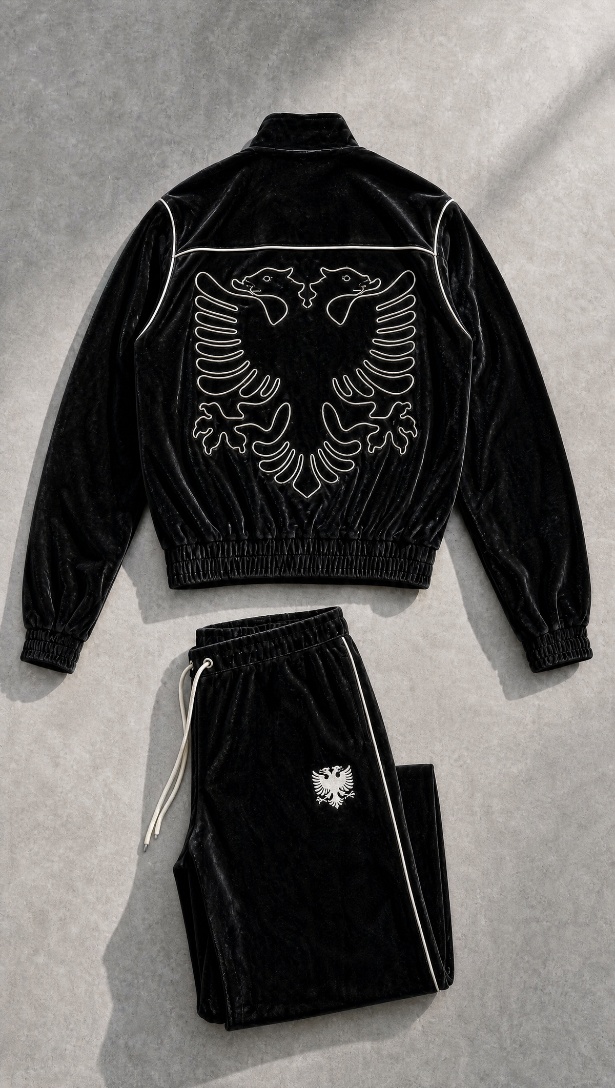 Albanian Velour Set - White Stitch (Jacket + Pants) - Hajde Zemer
