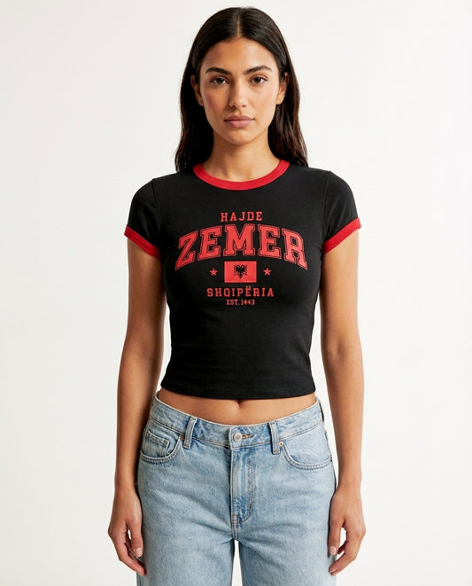 Hajde Zemer Baby Tee in Black - Albanian collegiate design