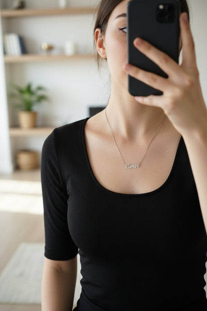 Albanian Jewelry — Zemer Script Necklace — on model | Hajde Zemer