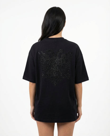 Zemer Script Tee - Women's oversized fit back view, rhinestone double-headed Albanian eagle design