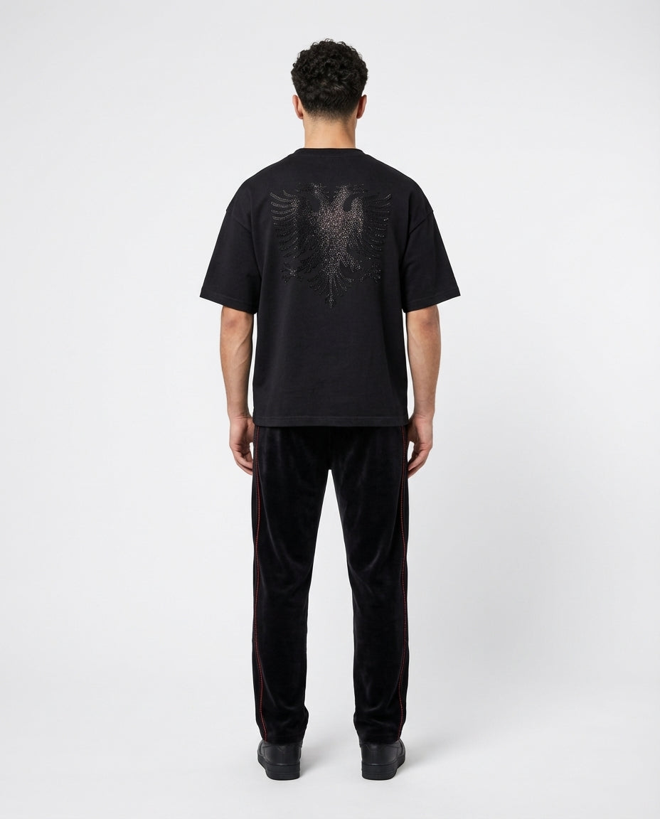 Zemer Script Tee - Men's back view showing rhinestone eagle with Velour Red Stitch pants