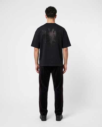 Zemer Script Tee - Men's back view showing rhinestone eagle with Velour Red Stitch pants