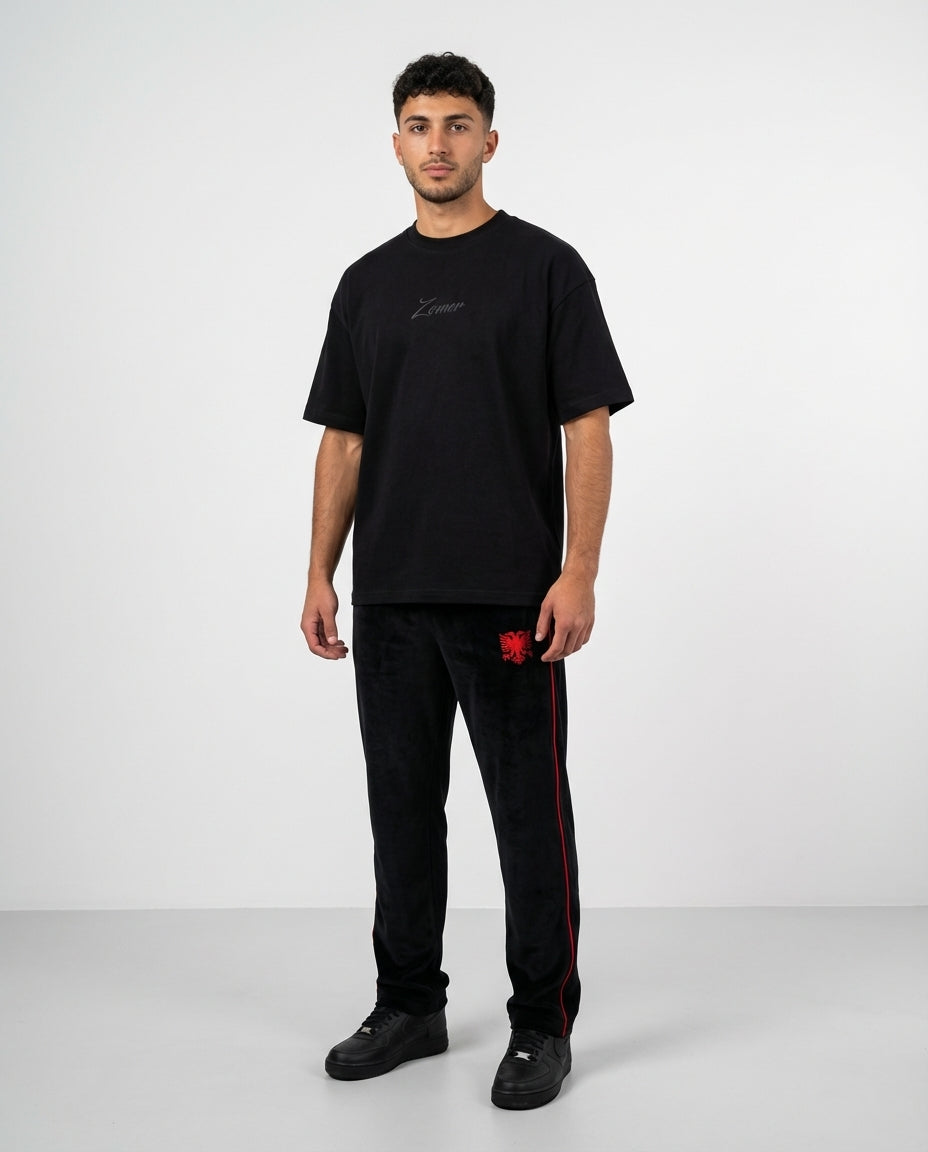 Zemer Script Tee - Men's front view with Velour Red Stitch pants
