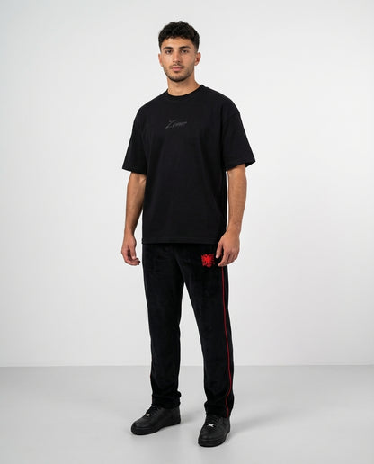Zemer Script Tee - Men's front view with Velour Red Stitch pants